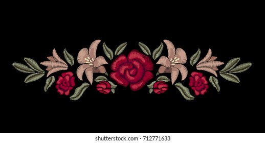 Embroidery. Lilies and red roses. Floral print.