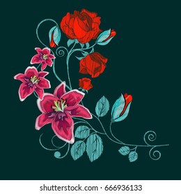 Embroidery lilies, roses ethnic ornament for the neck, bags, jeans, shirts, T-shirts. Vintage style. Vector illustration.