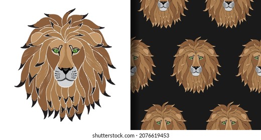 Embroidery Lion print and seamless pattern set