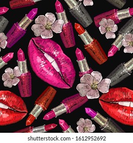 Embroidery lips and cherry flowers seamless pattern. Fashion template for clothes, textiles, t-shirt design. Make-up art