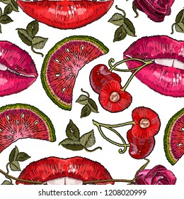 Embroidery lips and cherry seamless pattern. Sweet kiss fashion art. Template for clothes, textiles, t-shirt design