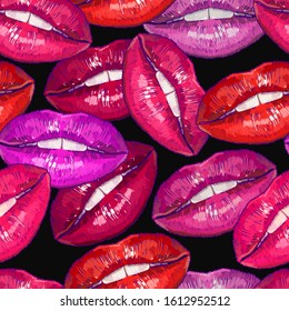 Embroidery lips. Fashion template for clothes, textiles, t-shirt design. Cosmetics and makeup seamless pattern. Sweet kiss art