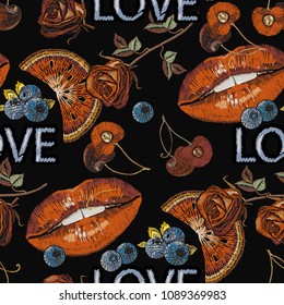 Embroidery lips, watermelon, cherry and bilberry. Cosmetics and makeup seamless pattern. Sweet kiss fashion art. Sexy wet lip make-up pattern. Fashion template for clothes, textiles, t-shirt design