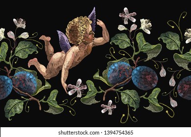 Embroidery little angel and plums, cupids art. Happy Valentines Day concept. Template for clothes, t-shirt design 