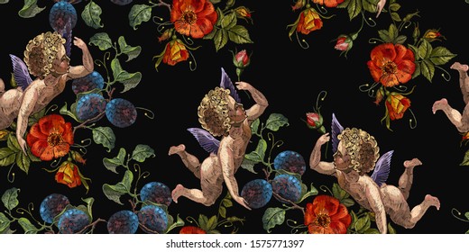 Embroidery little angel, red roses and plums, cupids art. Horizontal seamless pattern. Happy Valentines Day concept. Template for clothes, t-shirt design 