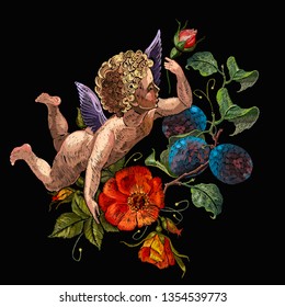 Embroidery little angel, roses flowers and plums, love background. Embroidery cupids art, Happy Valentines Day concept. Template for clothes t-shirt design 