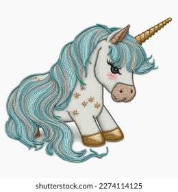 Pequeña caricatura de bordado unicornio con adorable y lujoso estilo ornamental. Ilustración de fondo blanco vectorial de tapicería. Hermoso unicornio lindo texturado con cascos de oro. Textura borrosa.