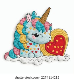Embroidery little cartoon unicorn with love heart. Colorful ornamental mane. Tapestry vector white background illustration with  beautiful textured unicorn and love heart. Embroidered grunge texture.