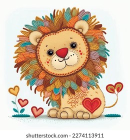 Embroidery little cute lion with colorful ornamental mane and love hearts. Tapestry vector white background illustration with bright beautiful textured lion and love hearts. Embroidered grunge texture