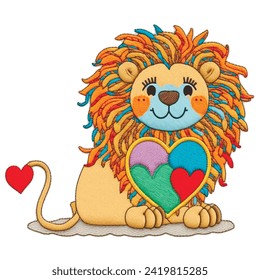 Embroidery little cute lion with colorful ornamental mane and love hearts. Tapestry vector white background illustration with bright beautiful textured lion and love hearts. Embroidered grunge texture