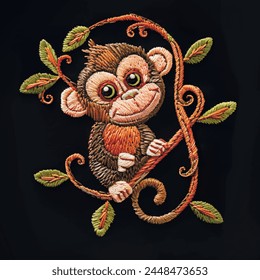 Embroidery little funny monkey on branch with leaves. Tropical animal pattern background. Vector beautiful backdrop. Ornamental surface embroidered monkey for design, applique, prints, fabric, clothes
