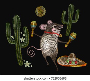 Embroidery little mouse mexican culture.  Classical ethnic embroidery mouse in sombrero, mexican art. Clothes template, t-shirt design