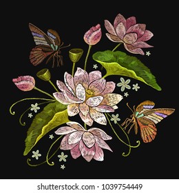 Embroidery lotus flowers and butterfly. Clothes template, t-shirt design. Classical embroidery pink lotuses, tropical butterfly, water lily