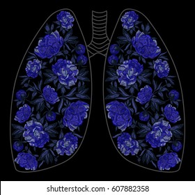 Embroidery lungs pattern with peonies on black background. Vector fashion ornament for t-shirt, clothes, fabric design.