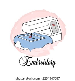 Embroidery machine electronic with display. Vector illustration. Text Embroidery and watercolor background. Isolated digital needleworking tool.