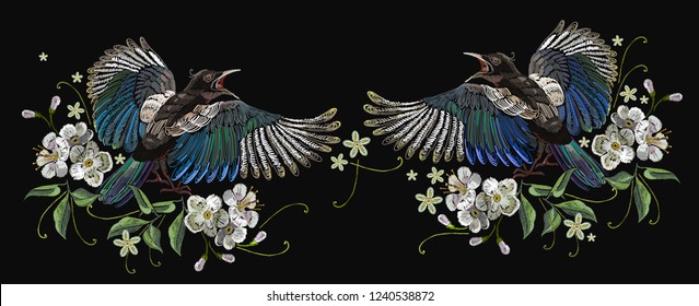 Embroidery magpie birds and cherry flowers. Template for clothes, textiles, t-shirt design