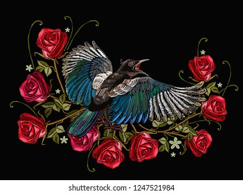 Embroidery magpie birds and red roses flowers. Fashion template for clothes, textiles and t-shirt design