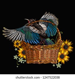 Embroidery magpie birds and wicker baskets and sunflowers. Template for clothes, textiles and t-shirt design