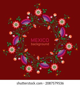 Embroidery mandala flowers folk pattern with Polish and Mexican influence. Trendy ethnic decorative traditional floral round frame design, for fashion, interior, stationery. Vector isolated on red