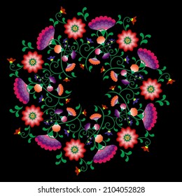 Embroidery mandala flowers folk pattern with Polish and Mexican influence. Trendy ethnic decorative traditional floral round frame design, for fashion, interior, stationery. Vector isolated on black