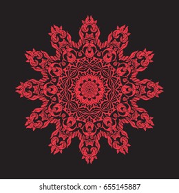 Embroidery mandala. In red on black background. Stock line vecto
