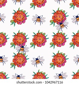 Embroidery marigold flower and big honey bee insect patch. Fashion patches with summer wild nature illustration embroideries. Seamless pattern backdrop. Trendy traditional art on white background.