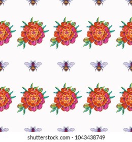 Embroidery marigold flower and big honey bee insect patch. Fashion patches with summer wild nature illustration embroideries. Seamless pattern backdrop. Trendy traditional art on white background.