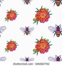 Embroidery marigold flower and big honey bee insect patch. Fashion patches with summer wild nature illustration embroideries. Seamless pattern backdrop. Trendy traditional art on white background.