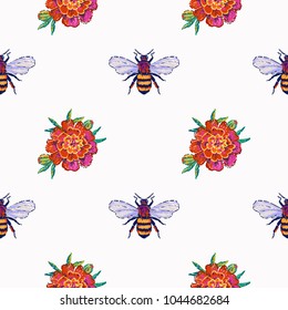 Embroidery marigold flower and big honey bee insect patch. Fashion patches with summer wild nature illustration embroideries. Seamless pattern backdrop. Trendy traditional art on white background.