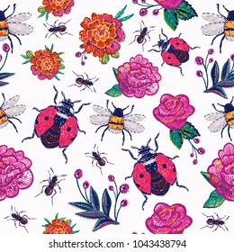 Embroidery marigold, peony flower, pink rose, twigs, forest ant, flying ladybug, funny bee, insects patch. Fashion patches with summer nature illustration embroideries. Seamless pattern backdrop.