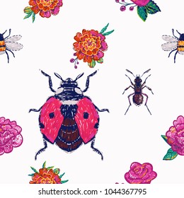 Embroidery marigold, peony flower, pink rose, twigs, forest ant, flying ladybug, funny bee, insects patch. Fashion patches with summer nature illustration embroideries. Seamless pattern backdrop.