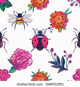 Embroidery marigold, peony flower, pink rose, twigs, forest ant, flying ladybug, funny bee, insects patch. Fashion patches with summer nature illustration embroideries. Seamless pattern backdrop.