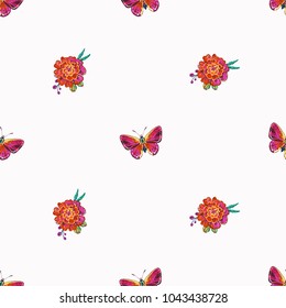 Embroidery marigolds and small red butterfly insect patch. Fashion patches with summer wild nature illustration embroideries. Seamless pattern backdrop. Trendy art with butterflies on white background