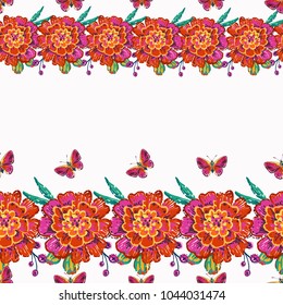 Embroidery marigolds and small red butterfly insect patch. Fashion patches with summer wild nature illustration embroideries. Seamless pattern backdrop. Trendy art with butterflies on white background