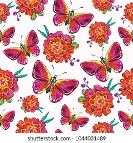 Embroidery marigolds and small red butterfly insect patch. Fashion patches with summer wild nature illustration embroideries. Seamless pattern backdrop. Trendy art with butterflies on white background