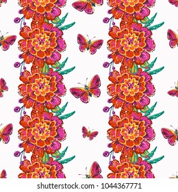 Embroidery marigolds and small red butterfly insect patch. Fashion patches with summer wild nature illustration embroideries. Seamless pattern backdrop. Trendy art with butterflies on white background