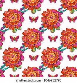 Embroidery marigolds and small red butterfly insect patch. Fashion patches with summer wild nature illustration embroideries. Seamless pattern backdrop. Trendy art with butterflies on white background