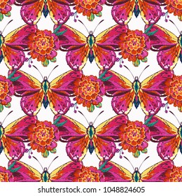 Embroidery marigolds and small red butterfly insect patch. Fashion patches with summer wild nature illustration embroideries. Seamless pattern backdrop. Trendy art with butterflies on white background