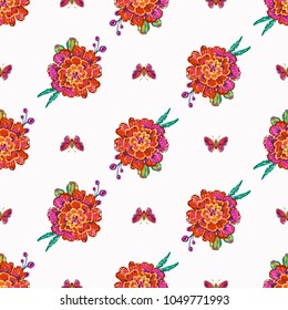 Embroidery marigolds and small red butterfly insect patch. Fashion patches with summer wild nature illustration embroideries. Seamless pattern backdrop. Trendy art with butterflies on white background