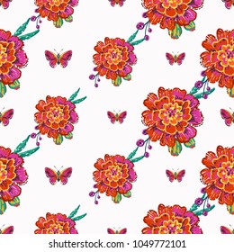 Embroidery marigolds and small red butterfly insect patch. Fashion patches with summer wild nature illustration embroideries. Seamless pattern backdrop. Trendy art with butterflies on white background