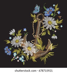 Embroidery marine pattern with flowers and anchor. Vector embroidered fashion floral illustration on black background for clothing design.