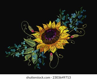 Embroidery meadow flowers and sunflower. Summer nature fashion colorful template for clothes, tapestry, t-shirt design