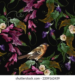 Embroidery. Meadows herbs, birds and white apple flowers. Fashion template for design of clothes, tapestry. Garden art. Seamless pattern