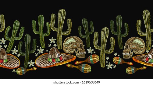 Embroidery mexican culture. Horizontal seamless pattern. Clothes template, t-shirt design. Human skull and maracas, cactus