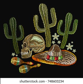 Embroidery mexican culture. Human skull, sombrero, maracas, cactus. Classical ethnic embroiderys kull in sombrero, day of the dead art. Clothes template, t-shirt design