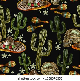 Embroidery mexican culture seamless pattern art. Clothes template, t-shirt design. Human skull and maracas, cactus. Classical ethnic embroidery skull, day of the dead pattern