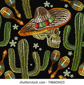 Embroidery mexican culture seamless pattern. Human skull, sombrero, maracas, cactus. Classical ethnic embroiderys kull in sombrero, day of the dead art pattern. Clothes template, t-shirt design