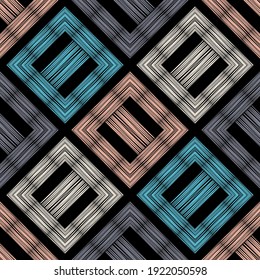 Embroidery. Mosaic with geometric shapes. Seamless pattern. Design with manual hatching. Textile. Ethnic boho ornament. Vector illustration for web design or print.