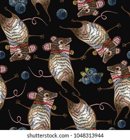Embroidery mouse and bilberry berries seamless pattern. Template for clothes, textiles, t-shirt design