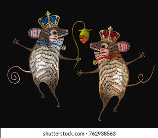 Embroidery mouse king and queen.  Two cheerful mice are danced in flowers classical embroidery. Template for clothes, textiles, t-shirt design